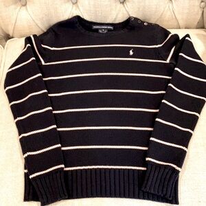 Ralph Lauren Sport Navy Blue Cotton Crewneck Sweater Pink Stripes small Preppy